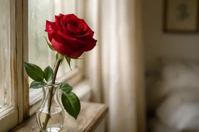 Single Red Rose in Morning Light