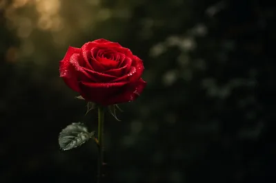 Dewy Red Rose on Green Stem
