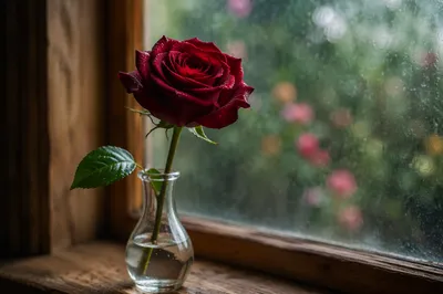 Single Red Rose in Morning Window Light