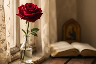 Single Red Rose in Morning Light