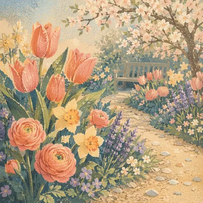 Spring Garden Blooming After Morning Rain