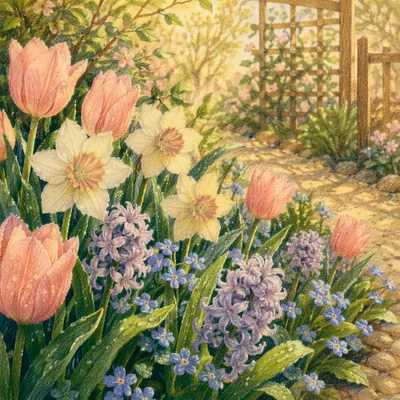 Spring Garden Flowers in Morning Light