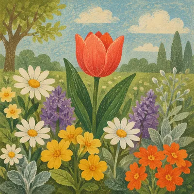 Coral Tulip in Spring Flower Garden