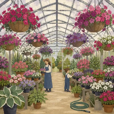 Spring Greenhouse Garden with Blooming Flowers