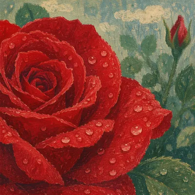 Spring Dew on Red Garden Rose