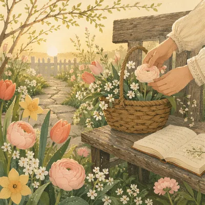 Spring Flowers Along Garden Stone Path