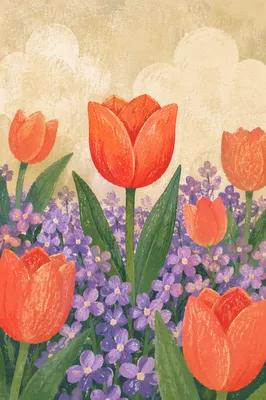 Fresh Spring Tulips Above Purple Blossoms