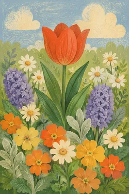 Coral Tulip in Spring Flower Garden