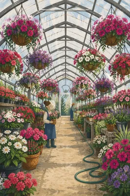 Spring Greenhouse Garden with Blooming Flowers