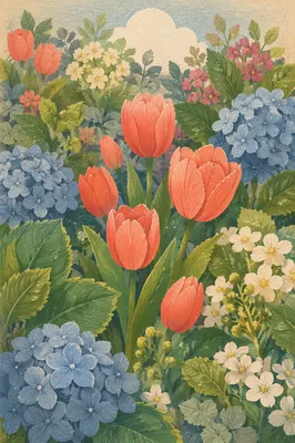 Fresh Spring Garden with Tulips and Hydrangeas