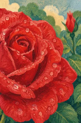 Dewy Red Rose in Spring Garden