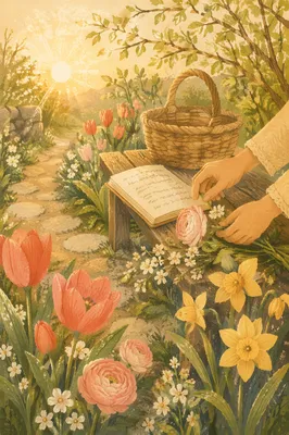 Spring Flowers Along Stone Garden Path