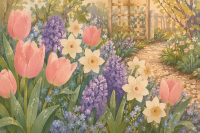 Spring Garden Blooms in Morning Light