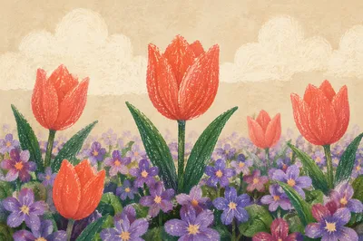 Fresh Spring Tulips Above Purple Blossoms