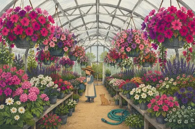 Spring Greenhouse Garden with Blooming Flowers