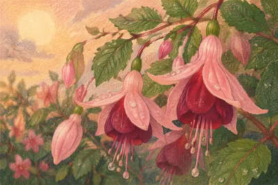 Dewy Spring Fuchsia Blossoms in Garden