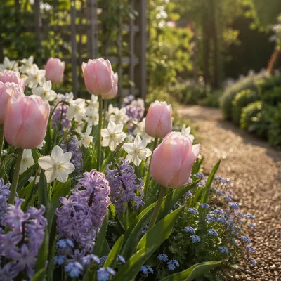 Fresh Spring Garden Flowers in Morning Light