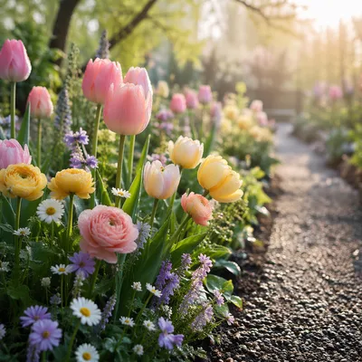 Spring Garden Blooms After Morning Rain