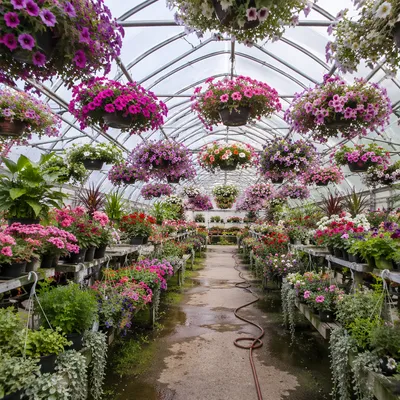 Spring Greenhouse Garden with Blooming Flowers