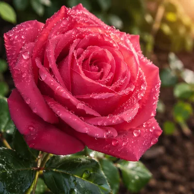 Dewy Pink Rose in Spring Garden