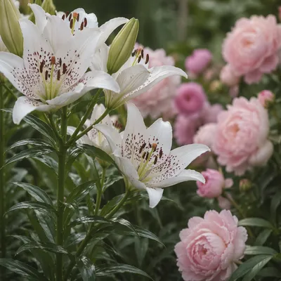 White Lilies in a Fresh Spring Garden