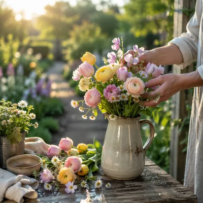 Spring Garden Flowers in Morning Light