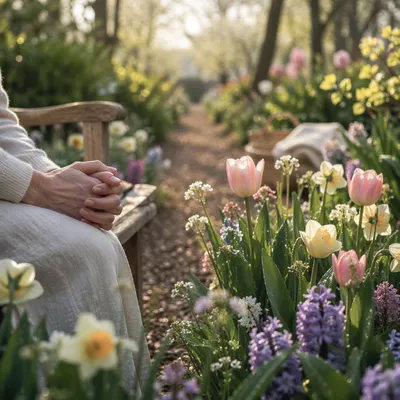 Peaceful Spring Garden Gratitude Among Fresh Flowers