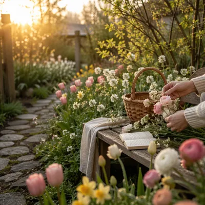 Spring Garden Flowers by Stone Path