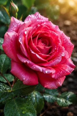 Dewy Pink Rose in Spring Garden