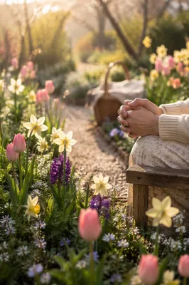 Peaceful Spring Garden Bloom and Grateful Hands