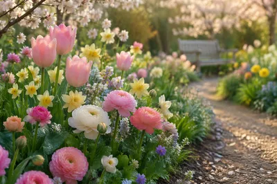 Spring Garden Path with Fresh Blooms