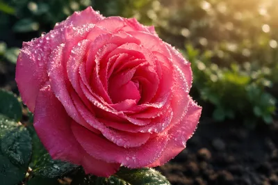 Dewy Pink Rose in Spring Garden