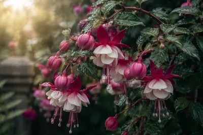 Dewy Spring Fuchsia Blossoms in Soft Sunrise