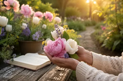 Dewy Spring Flowers in Gentle Hands