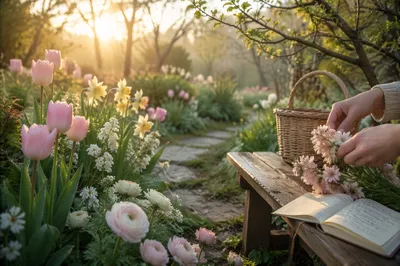 Spring Flowers Along a Garden Path