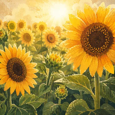 Golden Summer Sunflower Field at Sunset