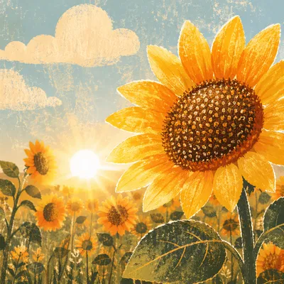 Sunlit Summer Sunflower Field Close Up