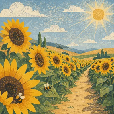 Sunny Summer Sunflower Field Path