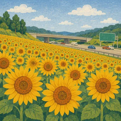 Bright Summer Sunflower Field by Highway