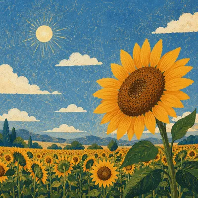 Bright Summer Sunflower Field Under Blue Sky