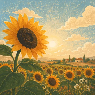 Bright Summer Sunflower Field at Golden Hour