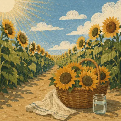 Sunny Summer Sunflower Field with Basket