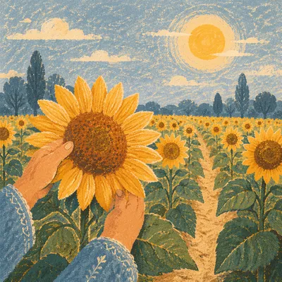 Sunlit Sunflower Field with Gentle Hands
