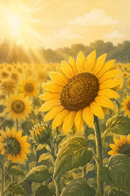 Sunny Summer Sunflower Field Close Up