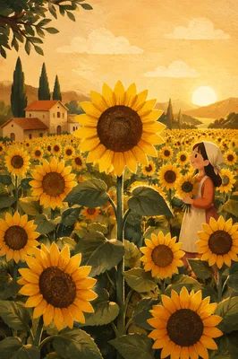 Bright Summer Sunflower Field in Golden Light