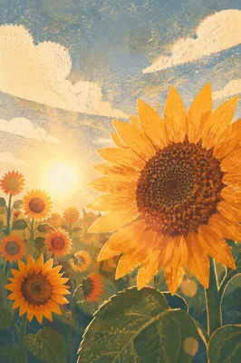 Sunlit Summer Sunflower Field Close Up