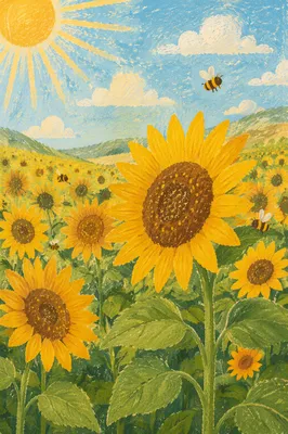 Bright Summer Sunflower Field Under Blue Sky