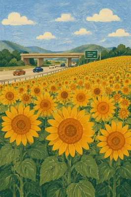 Sunny Sunflower Field Along Rural Highway