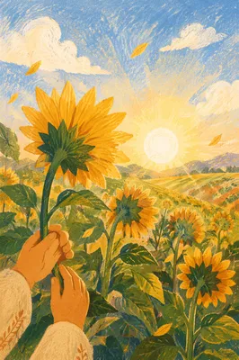 Sunlit Sunflower Field with Grateful Hands
