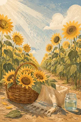 Sunny Sunflower Field with Harvest Basket